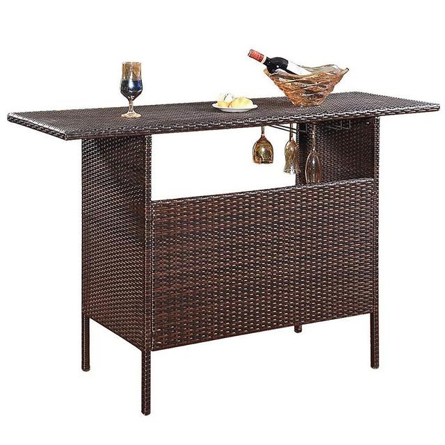 Giantex Outdoor Patio Rattan Wicker Bar Counter Table with 2 Steel Shelves, 2 Sets of Rails Garden Patio Furniture, 55.1"X18.5"X36.2"(LXWXH), Brown