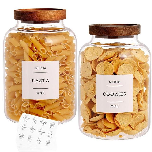 CZHQSMZ Set Of 2 Large Glass Jar with Wooden Lid with 132 Labels, Glass Storage Jars for Flour Pasta Candy Coffee Cookie and More(70 FL OZ/2000 ml)