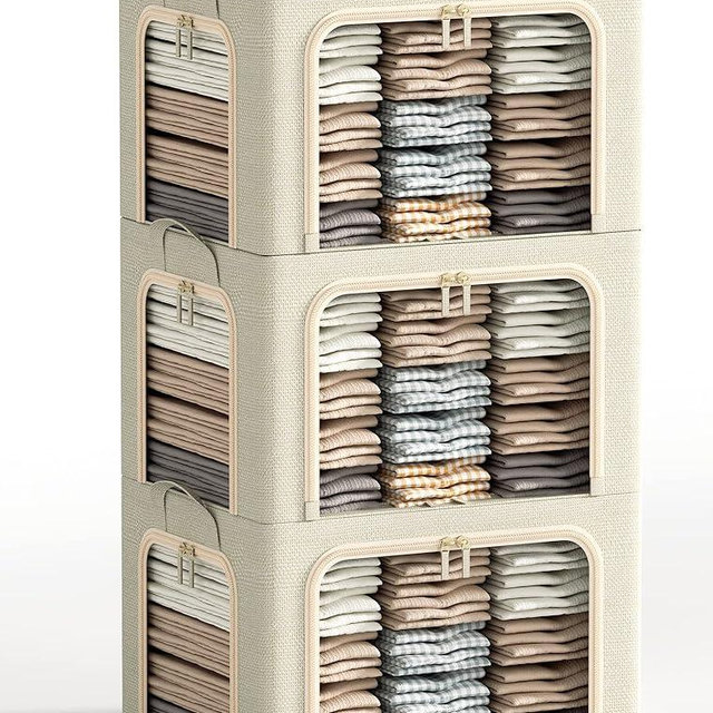 3 Opeings Large Clothes Storage Bins with Metal Frame, Foldable Storage Bin for Clothes, Clothing Storage Bins with Lid, Linen Storage Box With Clear Window＆ Zippers＆ Durable Handles.(3 Pcs,Beige,66L)