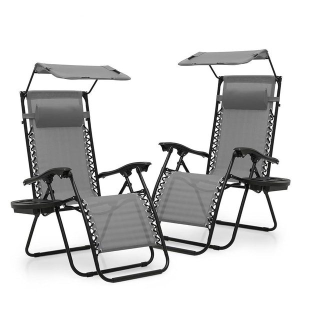 Athena Collection Patio Chairs Set of 2 Reclining Lounge Chair with Cup Holder and Pillow Fabric Camping Chairs with Canopy Foldable Beach Chairs for Garden, Park, Deck, Yard, Poolside, Grey