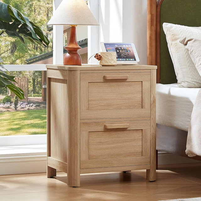 Joaxswe Farmhouse Nightstand with Charging Station, End Tables Bedroom with 2 Large Drawers & 4 Thickened Table Legs, Natural Wood