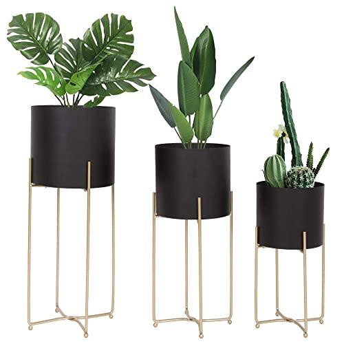 Mid Century Planter with Gold Plant Stand, 3 pcs Modern Planters for Indoor Plants, Metal Floor Planter Set with Foldable Stand(Pack of 3)