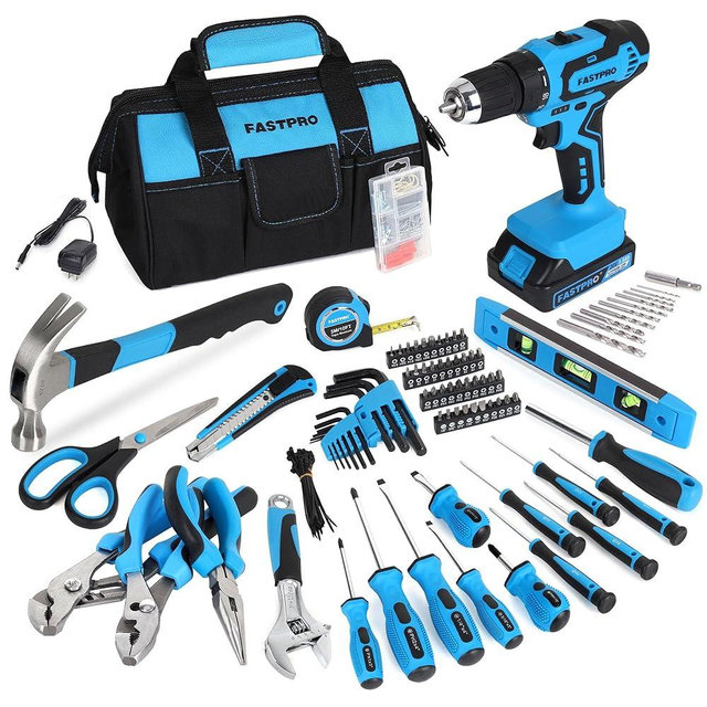 FASTPRO 232-Piece 20V Cordless Drill Driver & Home Tool Set, Home Repairing Tools Kit with Drill, 12-Inch Wide Mouth Open Storage Bag, Blue
