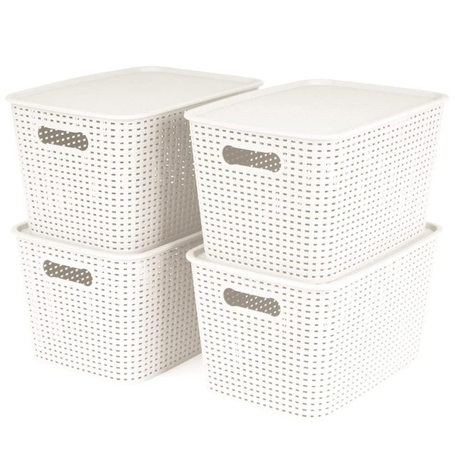 OLLIC Plastic Bins Large Storage with Lids | Korean Organizer Bin Basket Set for Organizing Baskets in Closet and Home (WHITE, LARGE_4PK)