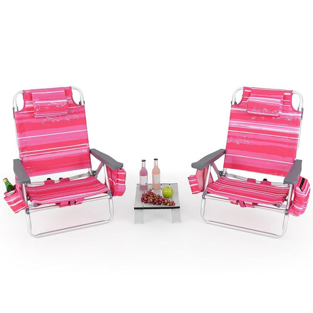 GYMAX Beach Chairs, 2-Pack Backpack Camping Chair with Armrest, Cooler Bag, Cup Holder, Towel Bar & Side Pockets, Sunbath Sling Tanning Lounge, Folding Layout Chair (with Table, Pink Stripe)