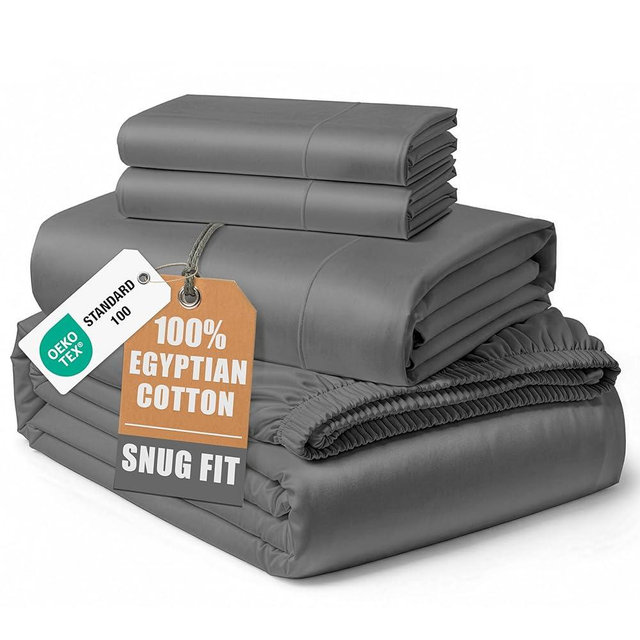 LANE LINEN 100% Egyptian Cotton King Sheets Set, Soft & Comfy Sateen Weave No Pill Mercerized Cotton Sheets King, Fully Elasticized Reinforced French Seam Fitted King Bed Sheets – Charcoal Gray