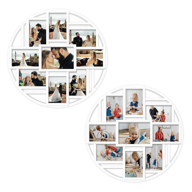 Jerry & Maggie Photo Frame Round Circle Black Picture Frame Cute Selfie Gallery Collage Wall Hanging For 6x4 Photo - 9 Photo Sockets (White/ 2Pack)