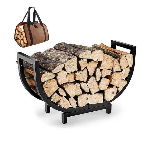 24-In Curved Firewood Rack with Log Carrier, Combo Compact Firewood Rack Indoor Log Holder Set, 24-in Wide Steel Firewood Stand & Foldable Oxford-Canvas Wood Tote Bag, 4.85 lb