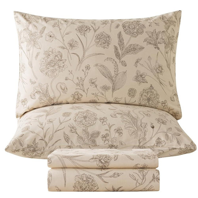 Zusbest California King Size Sheet Sets 100% Percale Cotton Beige Floral Bed Sheet, Brushed Extra Softness, Breathable Toile Flannel Sheets Like Khaki Flower Print Deep Pocket Sheets 17.5'' 4 Pcs