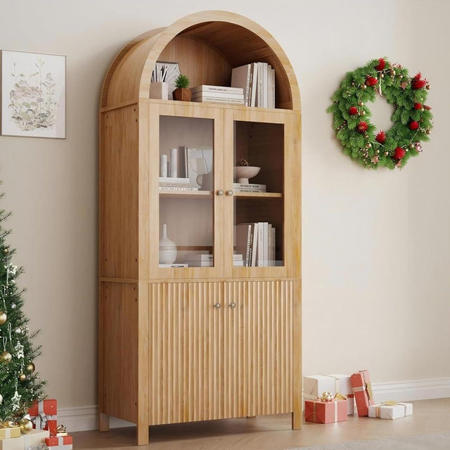 LINLUX Tall Arched Cabinet, 71” Versatile Modern Farmhouse Flute Pantry with 2 Tier Adjustable Shelves for Kitchen, Dining Room, Bathroom Anti-Tipping Device, Natural Wood