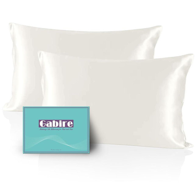 Gabire Mulberry Silk Pillow Cases Set of 2, Both Sides Real Silk Pillowcase for Hair and Skin Prevent Acne Pillowcase Organic Silk Pillow Cases 2 Pack with Hidden Zipper, Ivory, Standard (20"×26")