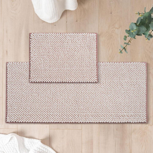 FRESHMINT Chenille Bathroom Rugs Sets 2 Piece 17"x24"+20"x47", Non-Slip Bath Mats Set of 2, Absorbent Bath Rug, Washable Shower Mat Runner for Bathroom Floor, Dusty Pink and White