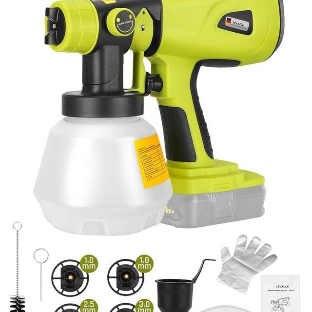 Paint Sprayer for Ryobi 18V One+ Battery, 200W Cordless Paint Sprayer HVLP Paint Gun Sprayer Gun with Brushless Motor, 4 Copper Nozzles for DIY Fence Chairs Painting(Tool Only)
