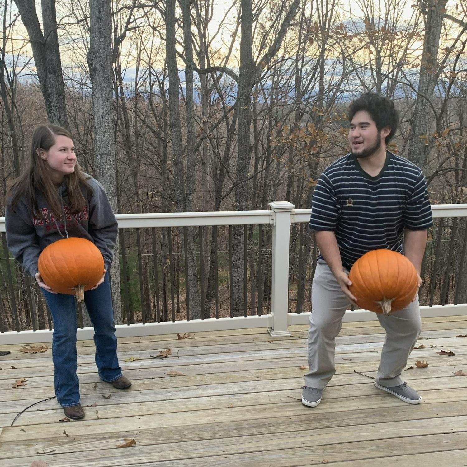 I grew up with a tradition of chucking pumpkins off my Nonni's porch after fall to feed the wildlife and it was the first year Isom participated!