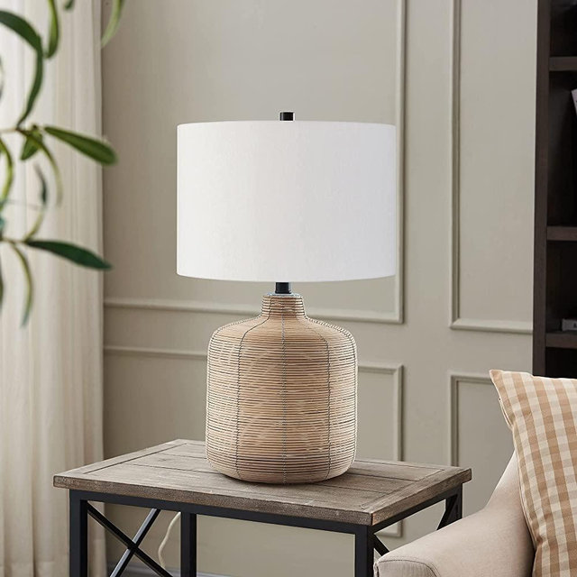 Henn&Hart 20.5" Tall Petite/Rattan Table Lamp with Fabric Shade in Natural Rattan/Brass /White