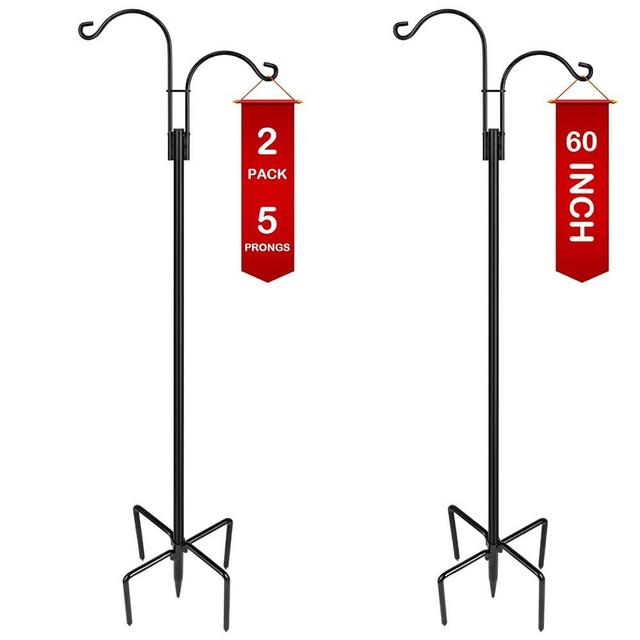 XDW-GIFTS Double Shepherds Hooks for Outdoor, 2-Pack Heavy Duty Garden Pole for Hanging Bird Feeder, Plant Baskets, Solar Light Lanterns, Garden Plant Hanger Stands with 5 Base Prongs