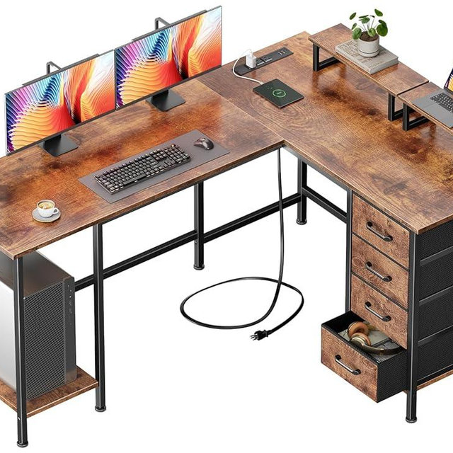 Korfile 59 inch L Shaped Computer Desk with Power Outlets, Home Office Desk with 4 Adjustable Storage Drawers & 2 Monitor Stands, Two Person Gaming Table for Bedroom, Rustic Brown