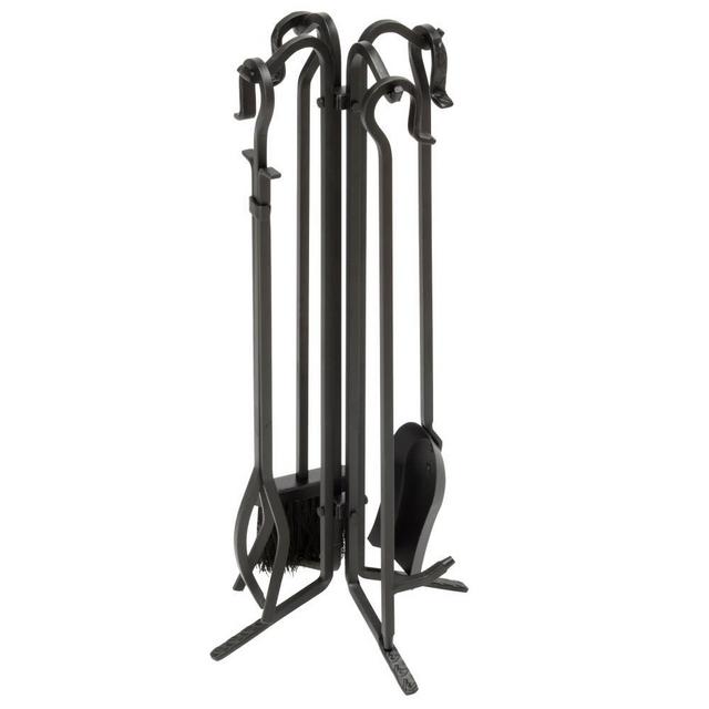 Black Wrought Iron 5-Piece Fireplace Tool Set with Crook Handles