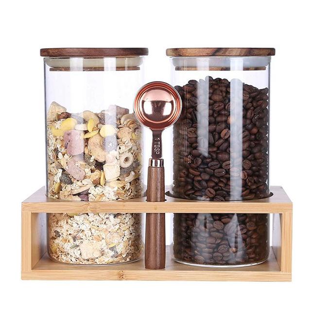 KKC HOME ACCENTS Airtight Glass Coffee Bean Storage Container,Glass Storage Jars for Loose Leaf Tea,Ground Coffee,Glass Canisters Wood Lid with Spoon for Kitchen Counter,39 Floz,Pack of 2