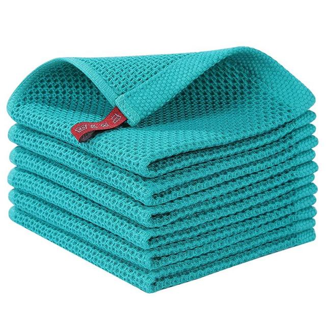 Homaxy 100% Cotton Waffle Weave Kitchen Dish Cloths, Ultra Soft Absorbent Quick Drying Dish Towels, 12x12 Inches, 6-Pack, Teal