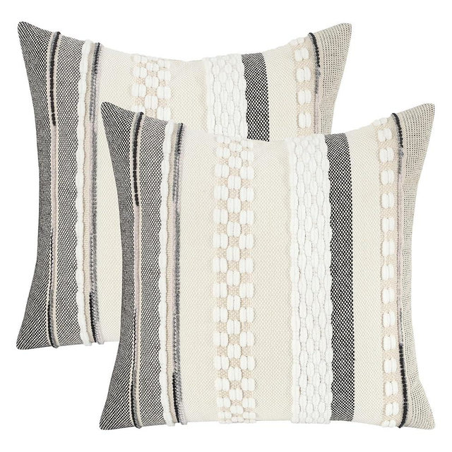 Tosleo Decorative Throw Pillow Covers 18x18 Set of 2 Boho Chenille Tufted Pillow Cover Textured Pillow Covers Striped Pillow Cases Accent Pillowcases Farmhouse Cushion Case for Sofa Couch Bed,White