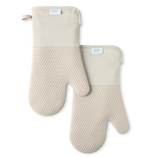 TOWN & COUNTRY BASICS Basketweave Soft Silicone Oven Mitt 2-Pack Set, Heat Resistant up to 500F, Flexible Silicone, Non-Slip Grip, Beige, 7.5"x13"