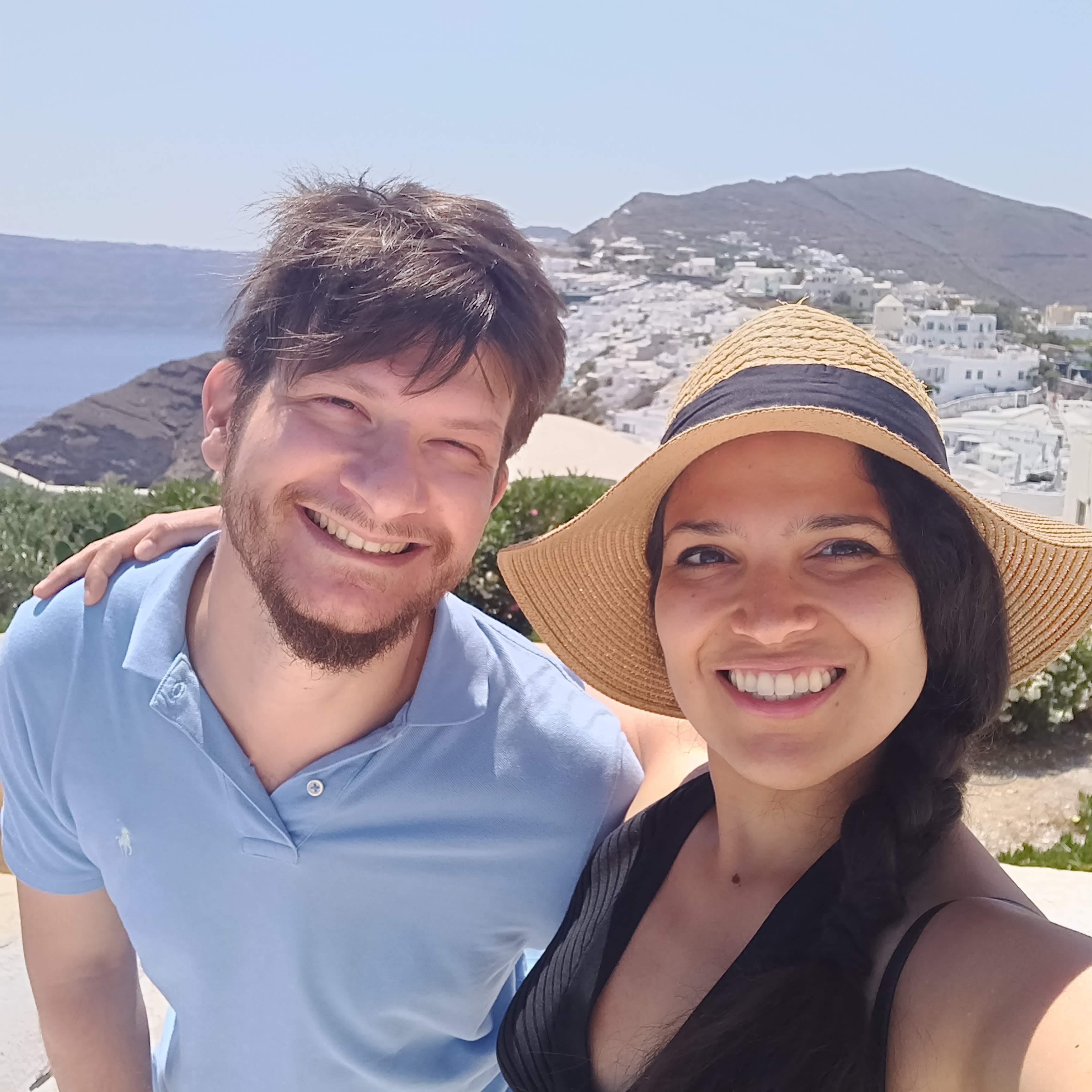 Santorini looks nice from above, too. Panos has regular bad hair days; Nilvea, stunning as always.