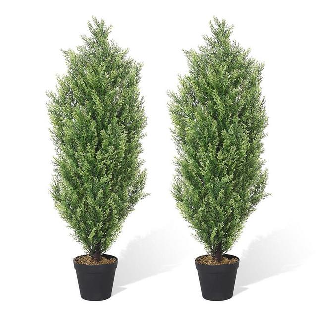 THE BLOOM TIMES 3ft Topiary Trees Artificial Outdoors 2 Pack Faux Cedar Pine Topiary Plants Set of 2 for Front Porch 3 Foot