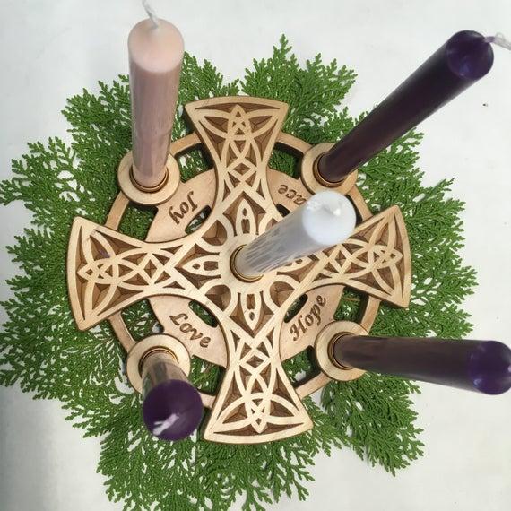 Advent & Christmas Candle Holder Celtic Style for 5 Candles (Not included ). Carved in Select Pine Wood 9" diam. by 1" high.