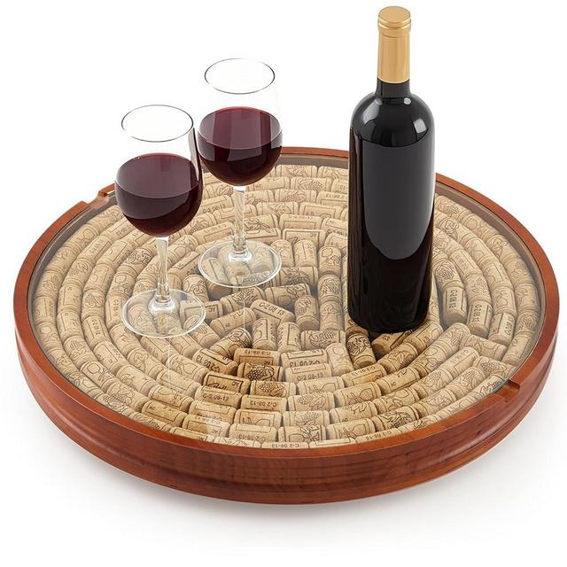 Wine Cork Holder Decorative Dad Gift for Father's Day Wine Lover Wooden Lazy Susan for Countertop with Glass Protective Cover Can Store 130 Corks Stoppers Display Home Kitchen Bar Table Centerpieces