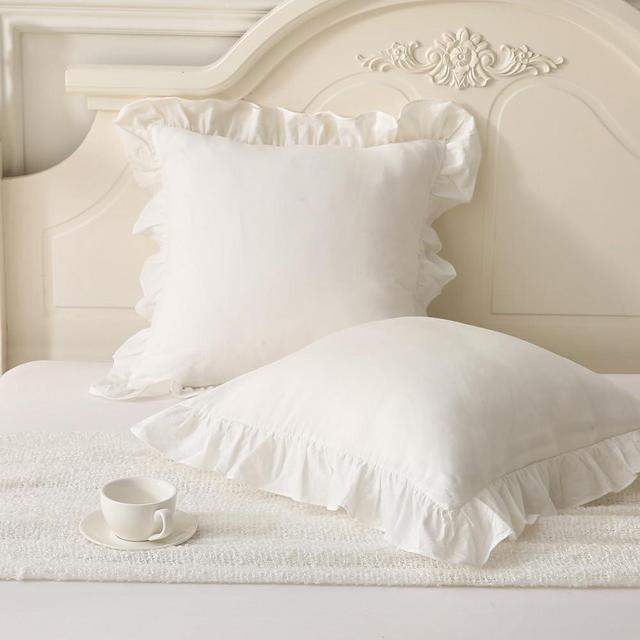 Silnuo 2 Pack Ruffle Throw Pillow Covers Farmhouse Off White Shabby Washed Cotton Decorative Pillow Shams for Bed, Sofa, Living Room-20"x20"