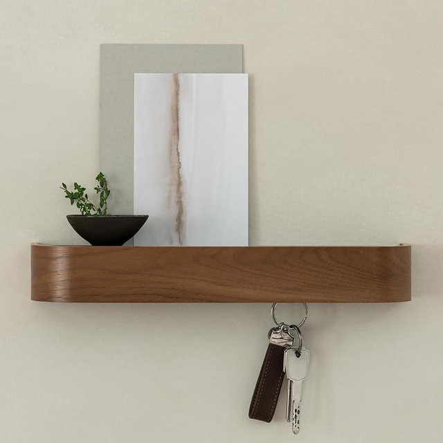 Kazai. Key Holder 'Toke' | Minimalist Key Hook Design from Berlin | Modern Key Holder Wall Mount with Wooden Shelf | Key Rack for Wall as Entryway Organizer | Walnut
