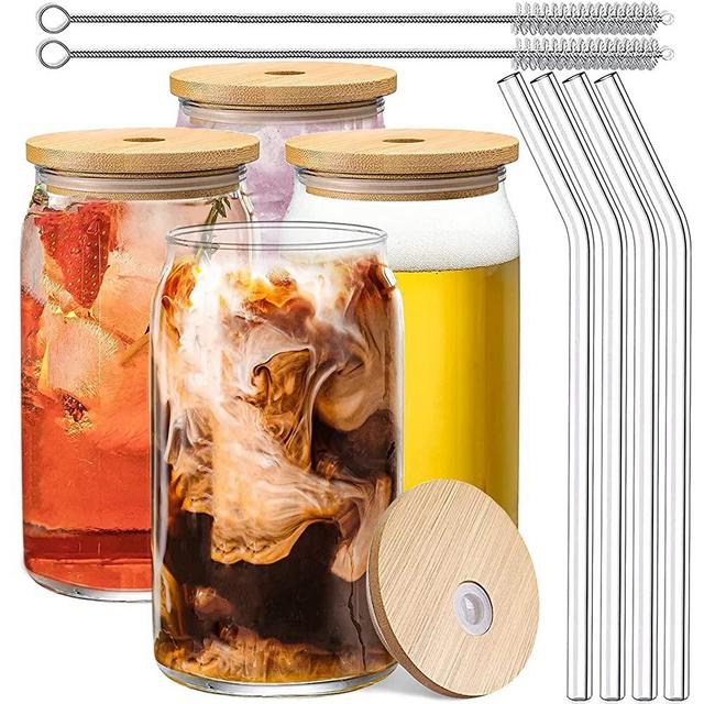 Drinking Glasses 4pc Set with Bamboo Lids & Straws - Can Shaped Glass Cups, Margarita Glasses, 16oz Iced Coffee Glasses, Iced Tea Glasses, Tumbler Cup, Cocktail Glasses, Whiskey Soda, Clear Water Cups