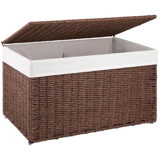 OIAHOMY Storage Basket with Lid, 17.2 Gallon (65L) Blanket Basket with Removable Separated Liner Bag, Paper Rope Hamper with Handle, Foldable, Shelf Basket for Living Room, Brown