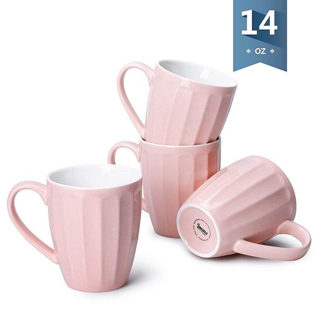 Sweese 602.108 Porcelain Fluted Mugs - 14 Ounce Coffee Cup Set for Coffee, Tea, Cocoa, Set of 4, Light Pink