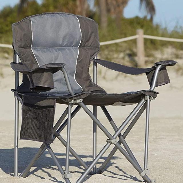 LivingXL 500-lb. Capacity Heavy-Duty Portable Oversized Chair, Collapsible Padded Arm Chair with Cup Holders and Lower Mesh Side Pocket, Charcoal
