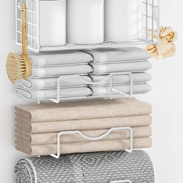 Towel Racks for Bathroom,Towel Rack Wall Mounted, 6 Tier Rolled Or Folded Towel Holder with Floating Shelves, Bathroom Towel Holder for Bath, Hand Towels,White,Walnut Wood Panel