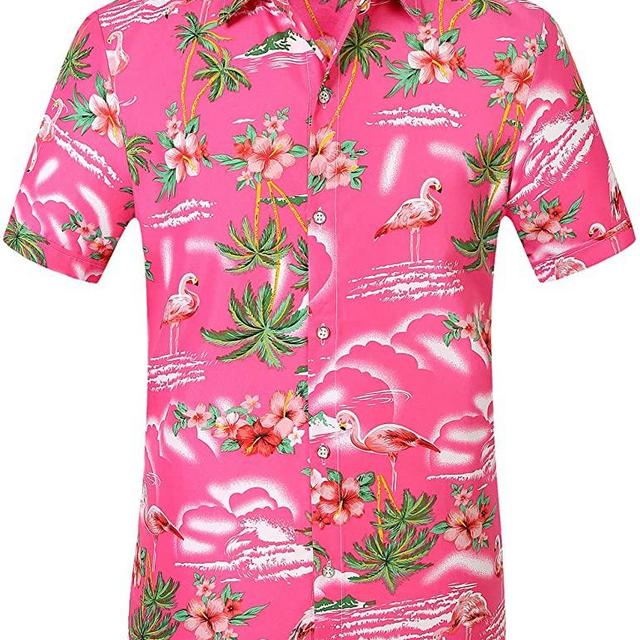 SSLR Men's Flamingos Casual Short Sleeve Aloha Hawaiian Shirt
