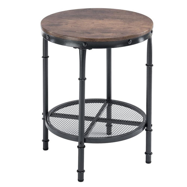 VINGLI 20" Side Table, Round End Tables Living Room, Industrial Small End Table with Metal Mesh, Rustic Farmhouse Side Tables for Bedroom, Office, Corner, Walnut