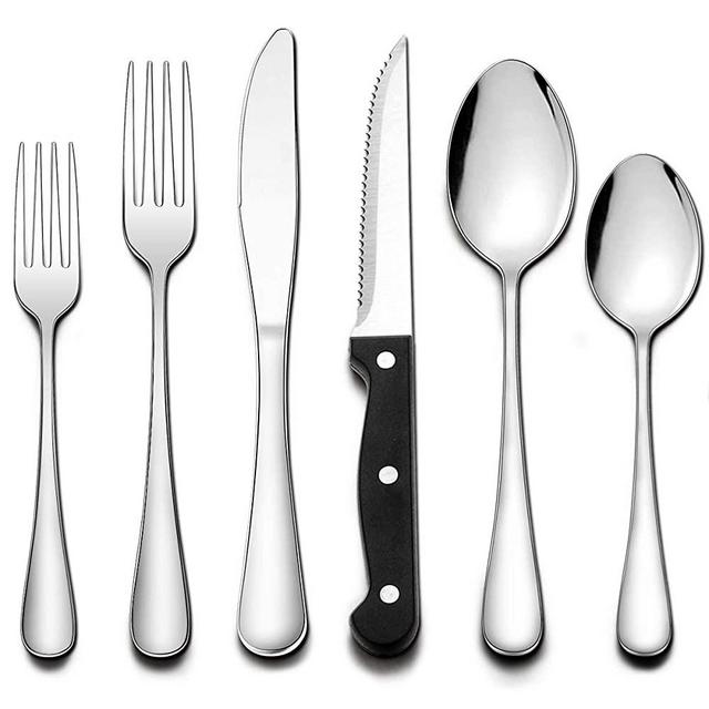 Wildone 48-Piece Flatware Set with Steak Knives, Stainless Steel Silverware Cutlery Set Service for 8, Tableware Eating Utensils Include Knives/Forks/Spoons, Mirror Polished, Dishwasher Safe