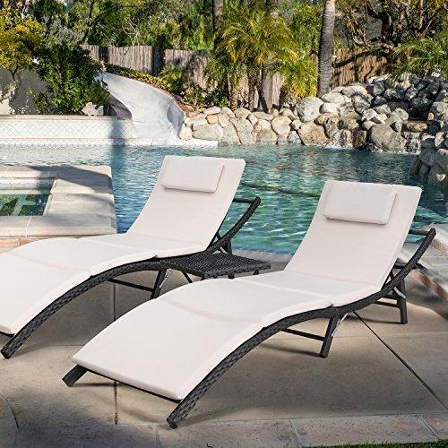 Devoko Patio Chaise Lounge Sets Outdoor Rattan Adjustable Back 3 Pieces Cushioned Patio Folding Chaise Lounge with Folding Table (Beige)