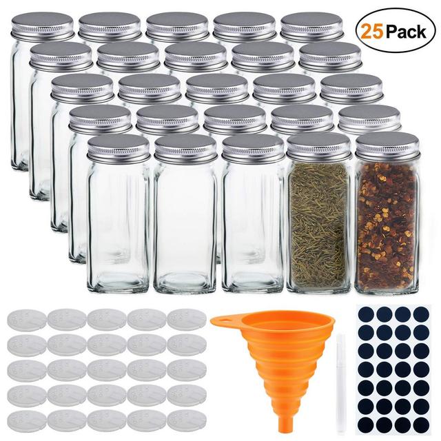 STONEKAE 25 Pcs Glass Spice Jars- Square Glass Containers With Square Empty Jars 4oz, Airtight Cap, Chalkboard & Clear Label, Shaker Insert Tops and Wide Funnel - Complete Organizer Set