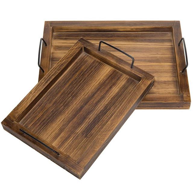 MyGift Set of 2 Country Rustic Burnt Wood Finish Rectangular Nesting Serving Trays w/Metal Handles