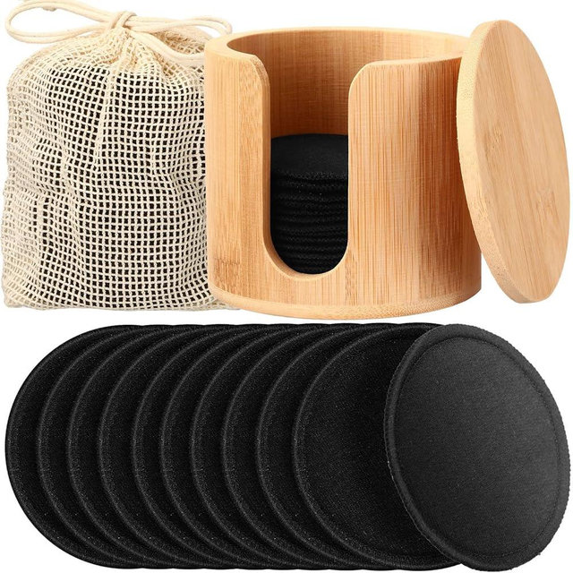 Foaincore 40 Pcs Cotton Rounds Pads Reusable with Washable Laundry Bag Waste Free Facial Round Soft Reusable Face Pad Large Bamboo Cotton Rounds for Toner with Bamboo Holder for Storage(Black)
