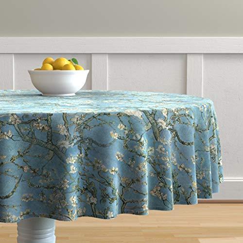 Roostery Round Tablecloth, Vintage Botanical Blue Almond Tree Blossoms Flowers Branches Impressionist Floral Print, Cotton Sateen Tablecloth, 70in