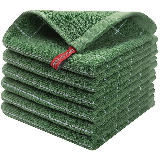 Homaxy 100% Cotton Terry Kitchen Dish Cloths, Ultra Soft and Absorbent Dish Towels for Kitchen, Perfect for Drying and Washing Dishes, 6 Pack, 12 x 12 Inches, Grass Green
