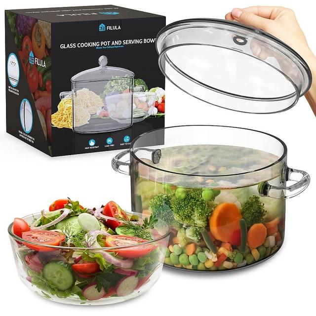 FILULA 64oz Glass Pots For Cooking on Stove - Clear Pots for Cooking with Serving Bowl included as a Set - Glass Simmer Pot For Stove Top - Versatile Glass Saucepan with Cover for Cooking and Serving