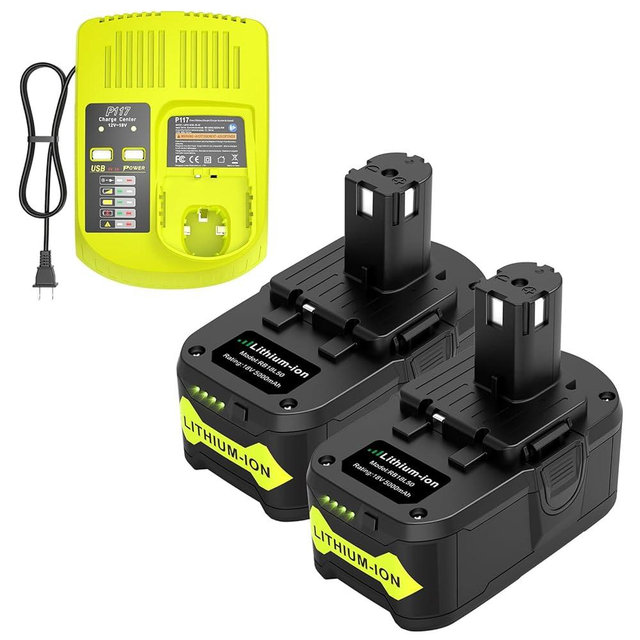 Djsanu Upgraded P117 21V 3A Rapid Charger + 6.0Ah 18V RB18L50 Lithium Battery Combo for RYOBI P108 P102 P104 High Capacity Cordless Tool Batteries (2 Packs)