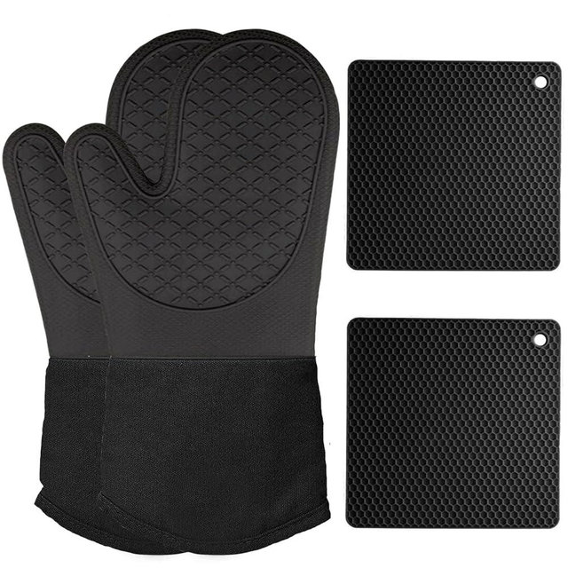 Win Change Oven Mitts and Potholders BBQ Gloves-Oven Mitts and Pot Holders with Recycled Infill Silicone Non-Slip Cooking Gloves for Cooking Baking Grilling (4-Piece Set) (Silicone Black)
