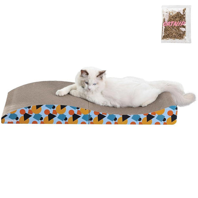 The LICKER Store CSR1011A Eero 32" Modern Cardboard Foldable Lounge Cat Scratcher with Catnip, Blue/Orange